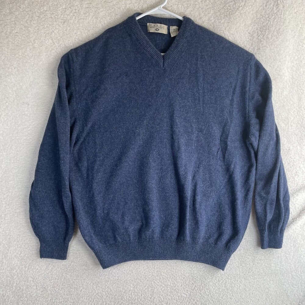 Vintage Fargo Sweater Mens XL Blue Wool Blend V Neck Dad Grandpa Casual